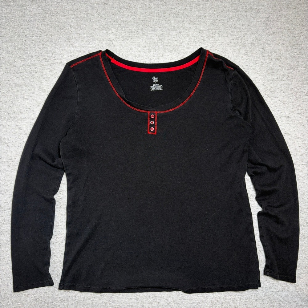 Sleep Chic Womens Pajama Top Large Black Red Henley Long Sleeve Cotton Lounge